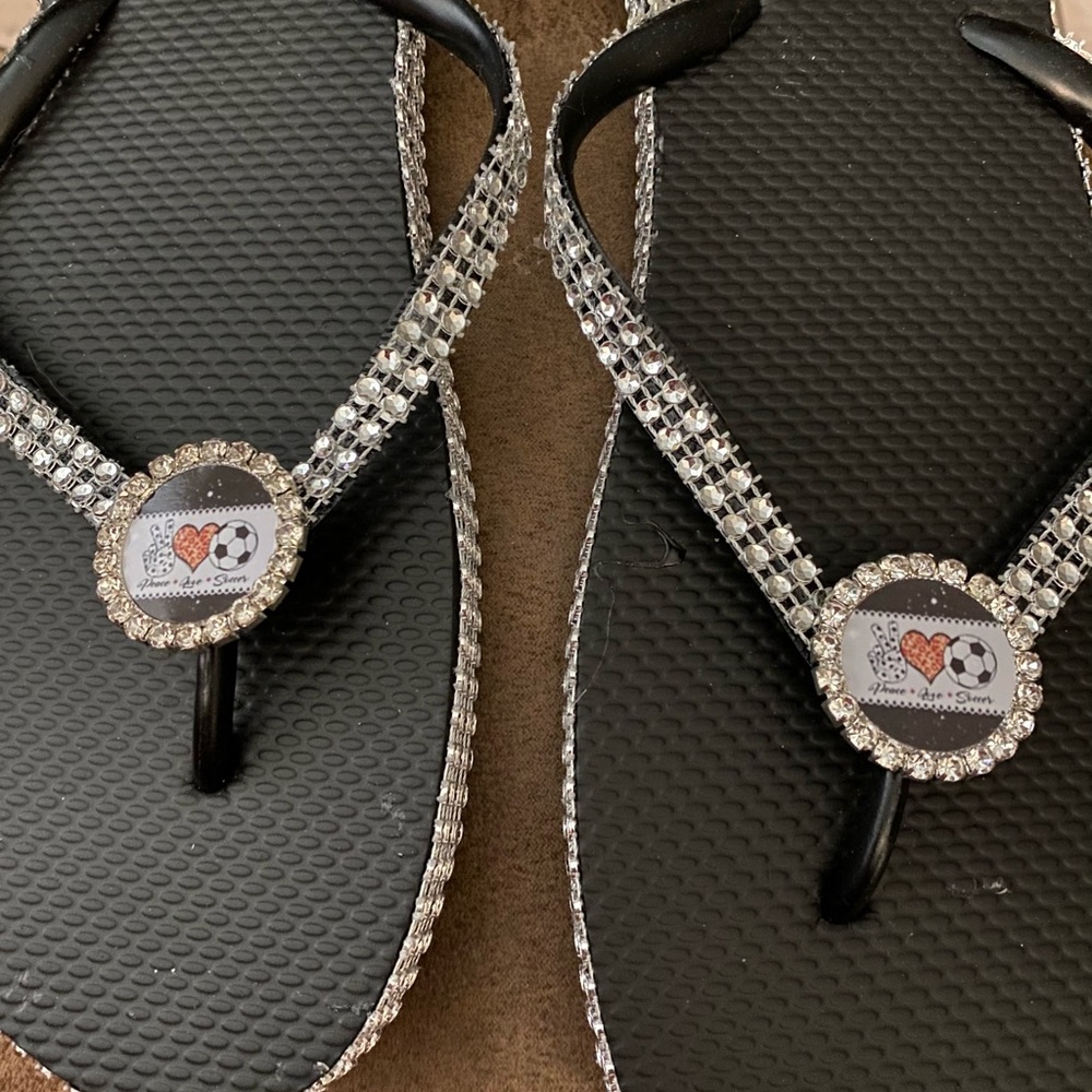 Peace, love soccer flip flops